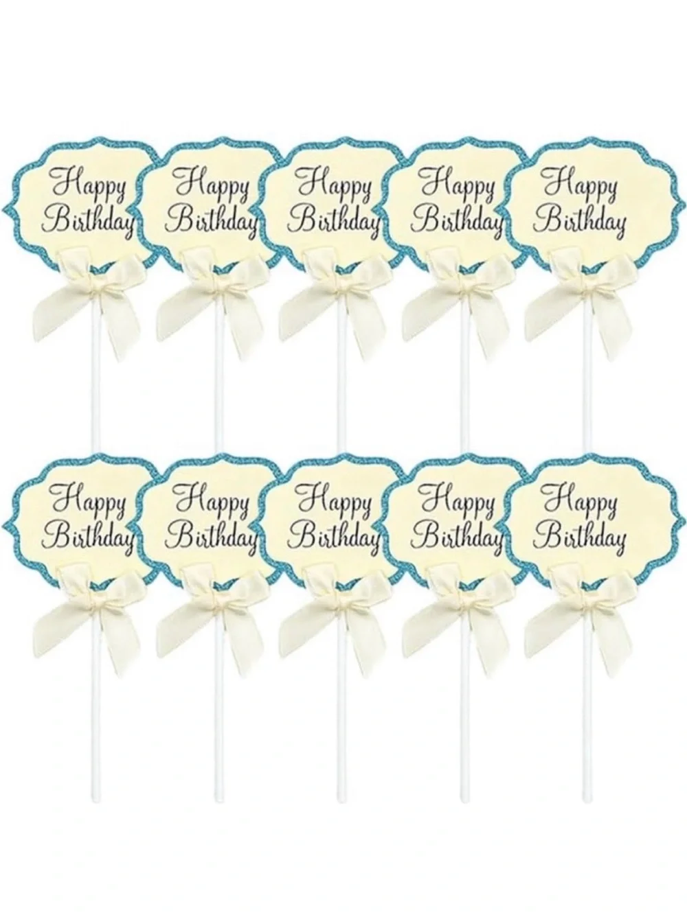 💞 New Pack of 10 Cream & Blue Glitter Happy Birthday Cupcake & Cake Toppers